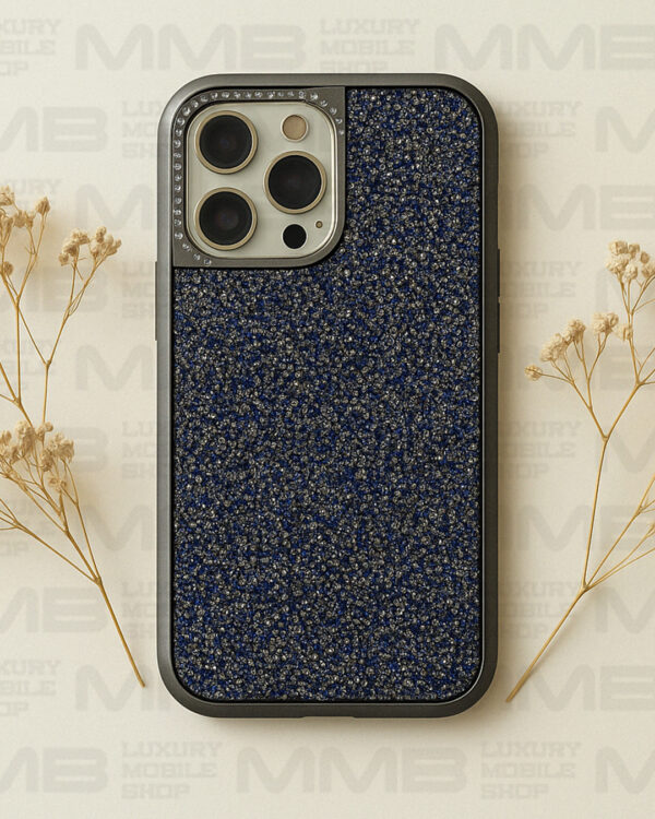 Blue glitter case with sparkling diamond camera ring for iphone 16 pro max