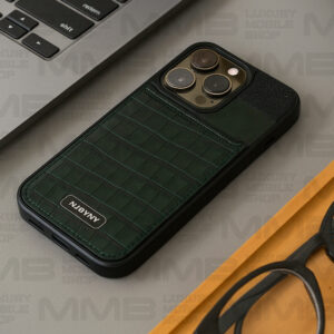 Crocodile Texture Green and Black Leather Case for iPhone 16 Pro Max | Dual-Tone Shockproof Designer Back Case