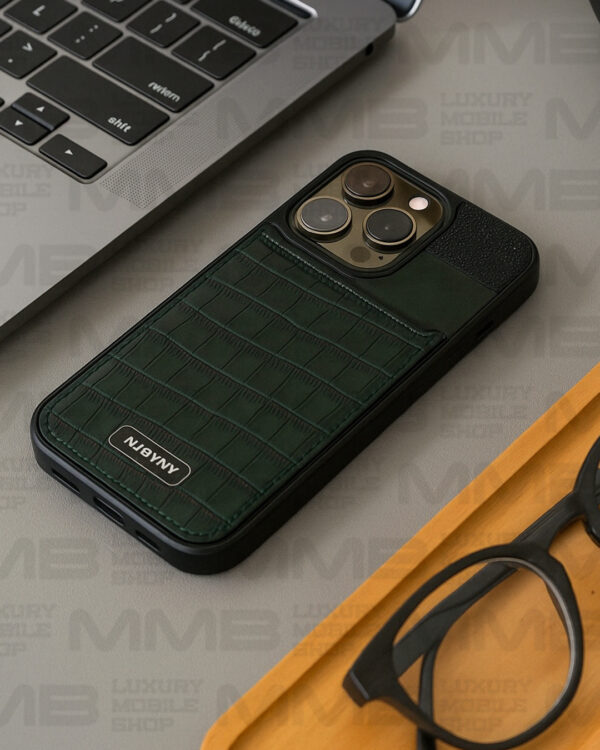 Crocodile Texture Green and Black Leather Case for iPhone 16 Pro Max | Dual-Tone Shockproof Designer Back Case